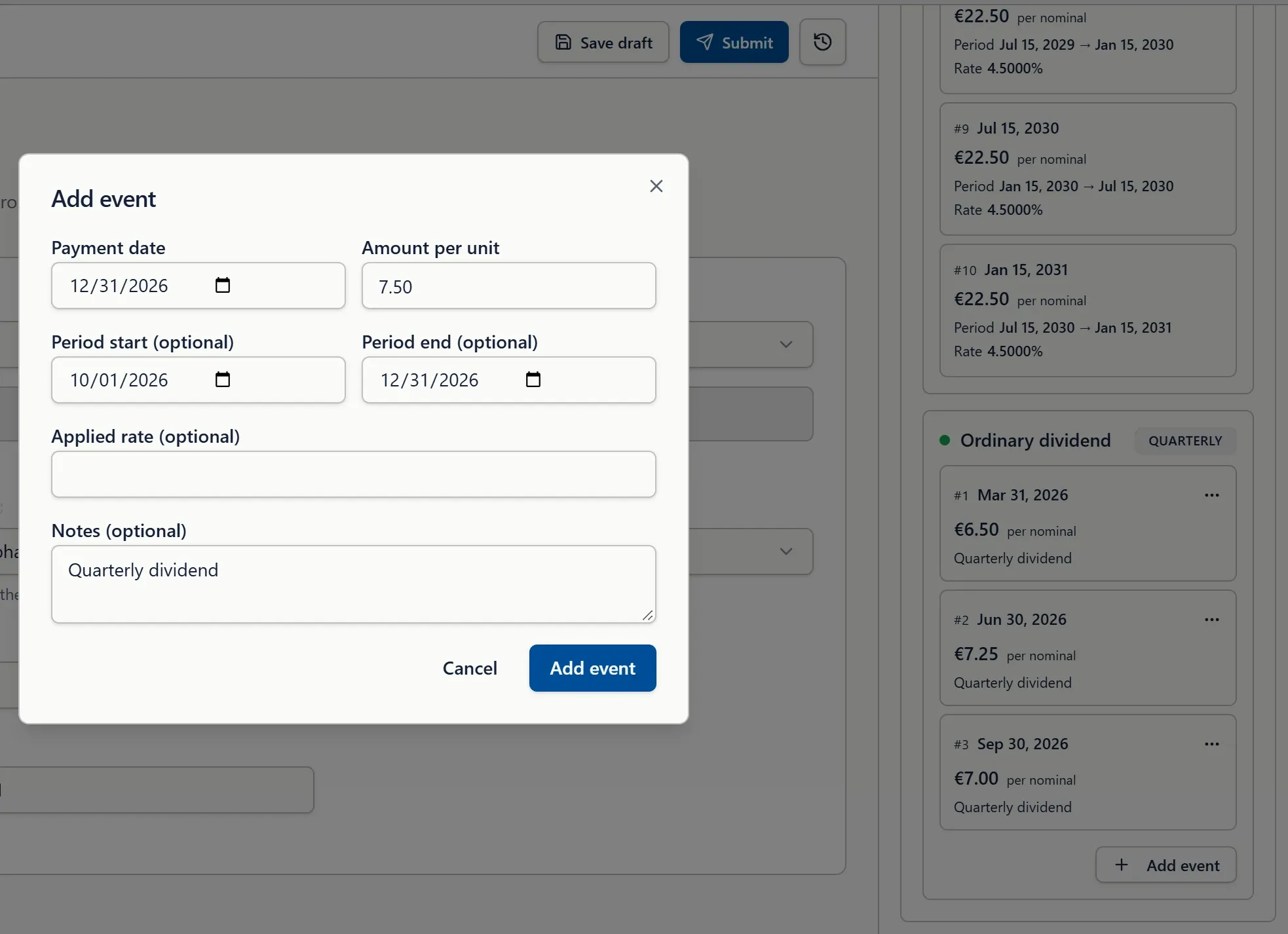 Add event dialog for a quarterly dividend, next to the product’s fixed coupon and dividend schedules.
