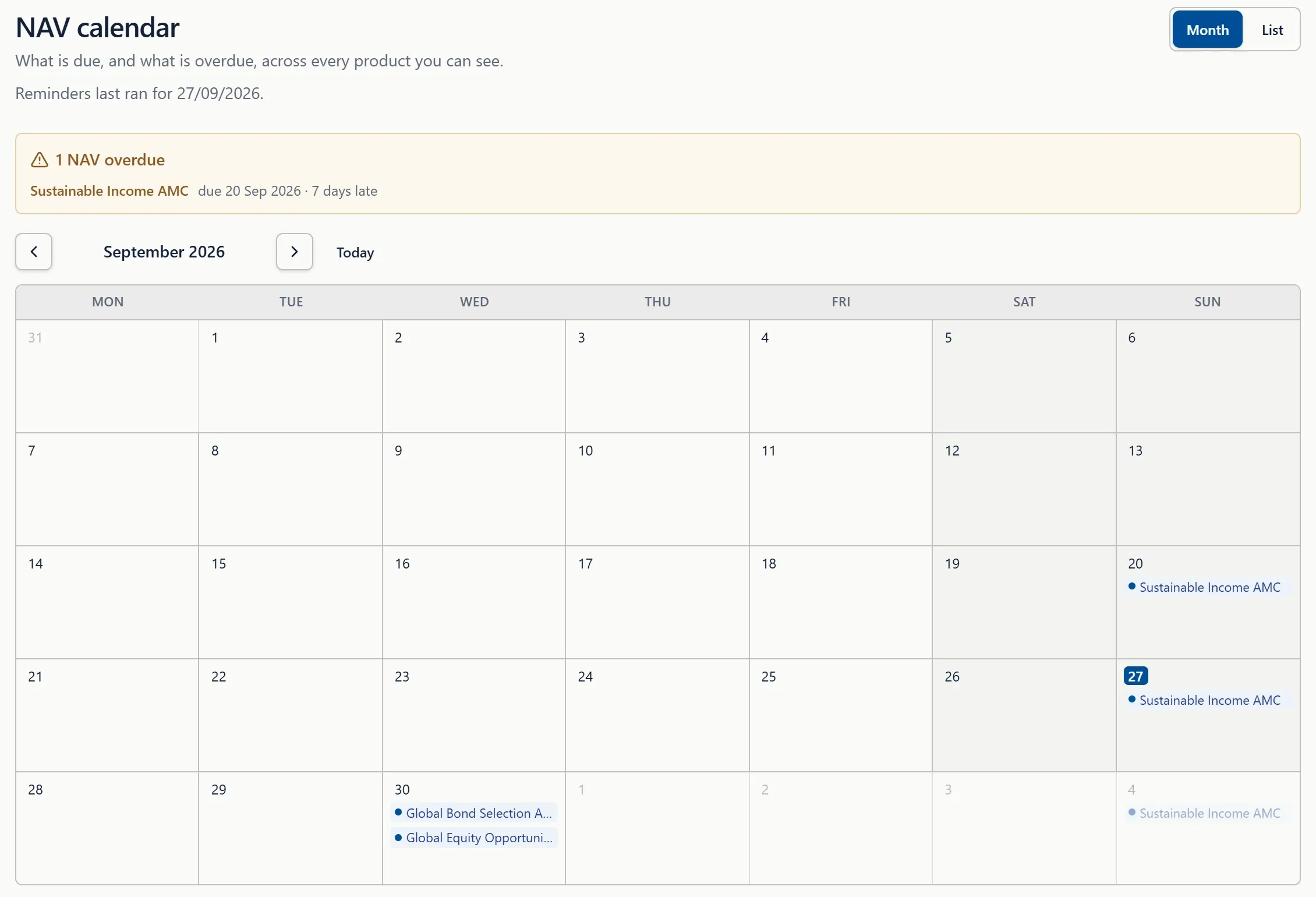 Titreasy NAV calendar in month view, listing upcoming valuations for several products and flagging one overdue NAV.